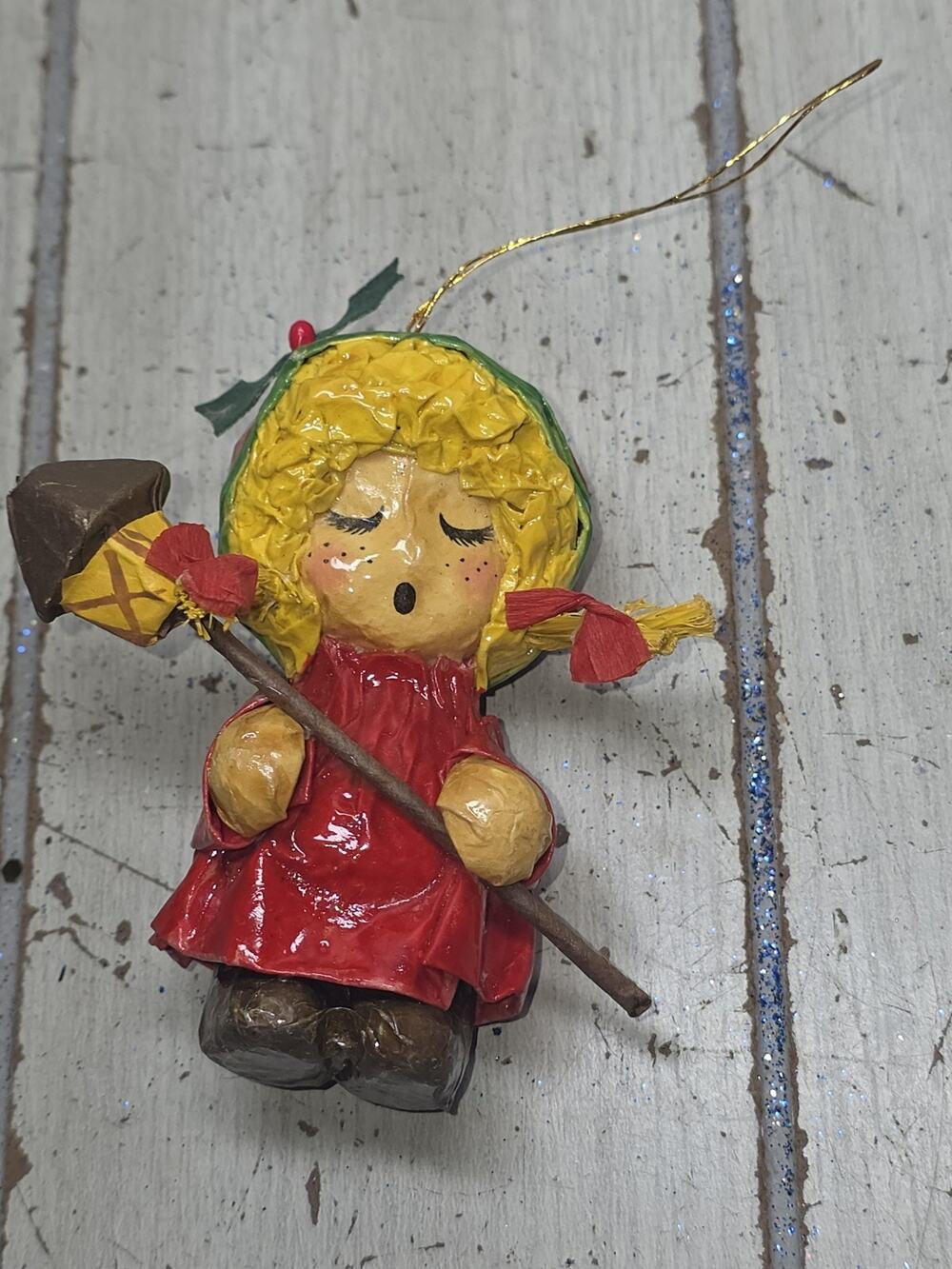 Vintage Paper Mache Christmas Ornaments German Caroller Girl Angel Holiday